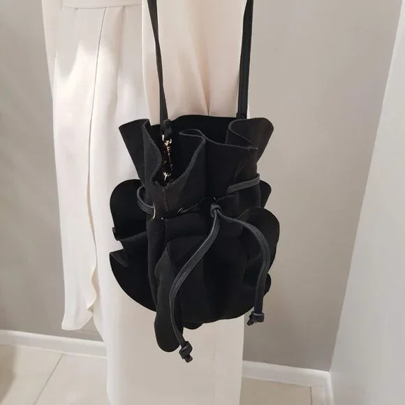 SEED Black Suede Like Ruffled Drawstring Bucket Bag - Picture 5 of 11